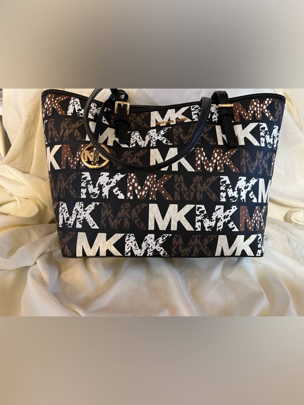 Michael Kors Black, Brown & White MK Logo Tote